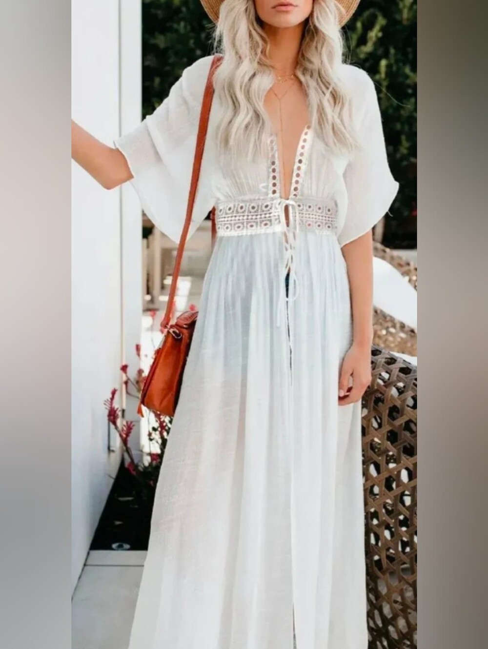 Aakaa White Sheer Lace Tie Front  Boho Empire-Waist Dress Beach Cover Up L